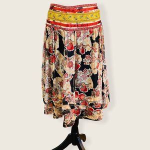 WD NY Boho Mixed Floral Print Silk Skirt Size 10 Black Ribbon Details Summer